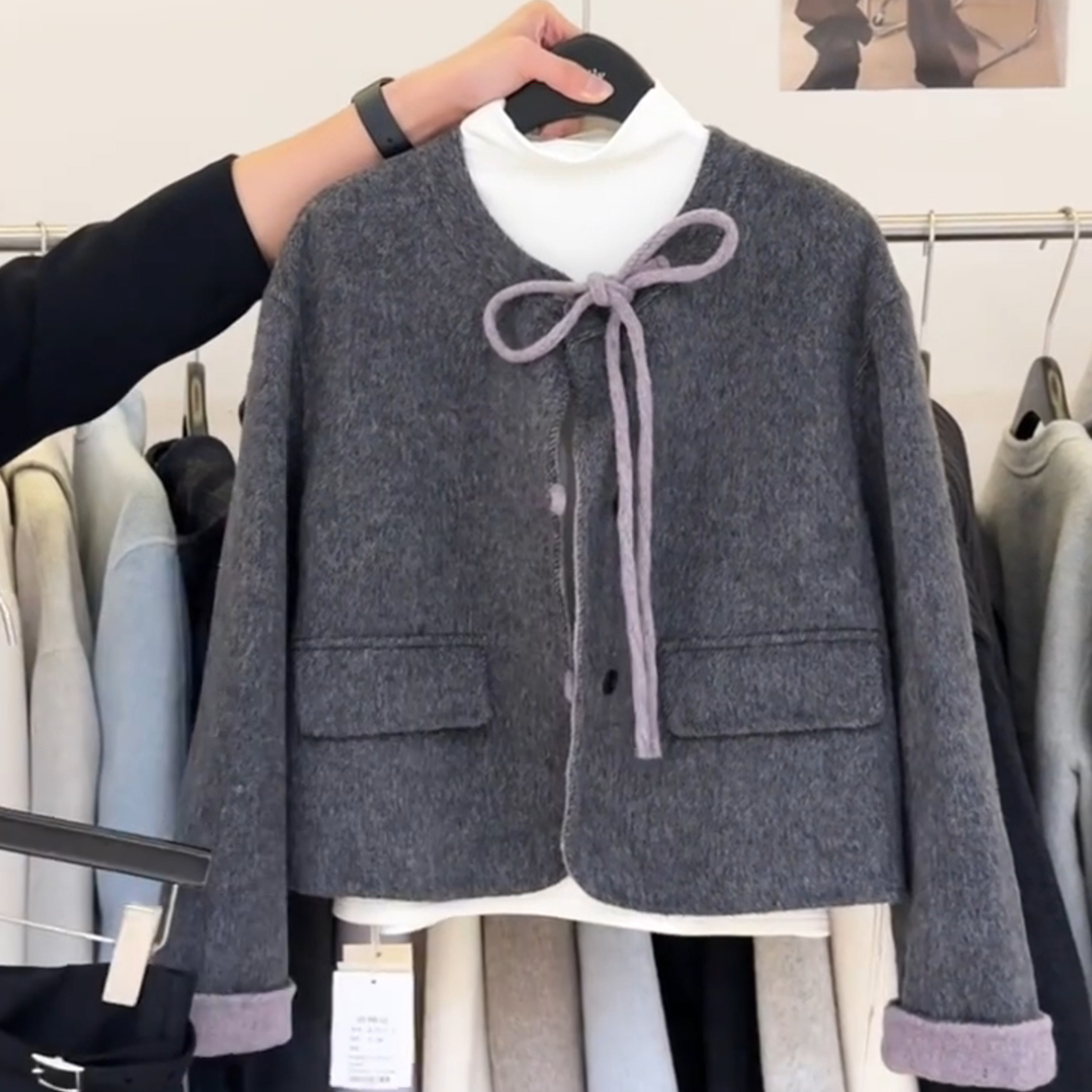 气质绝美超好看蝴蝶结毛呢外套女