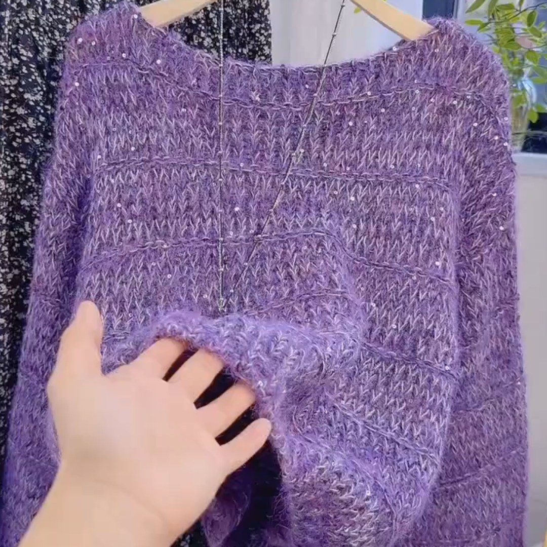 慵懒风紫色亮片短款毛衣女2025年新款简约复古小众别致小个子上衣,女装/女士精品,大码内搭,淘宝优惠券,粉丝福利购,淘宝优惠卷