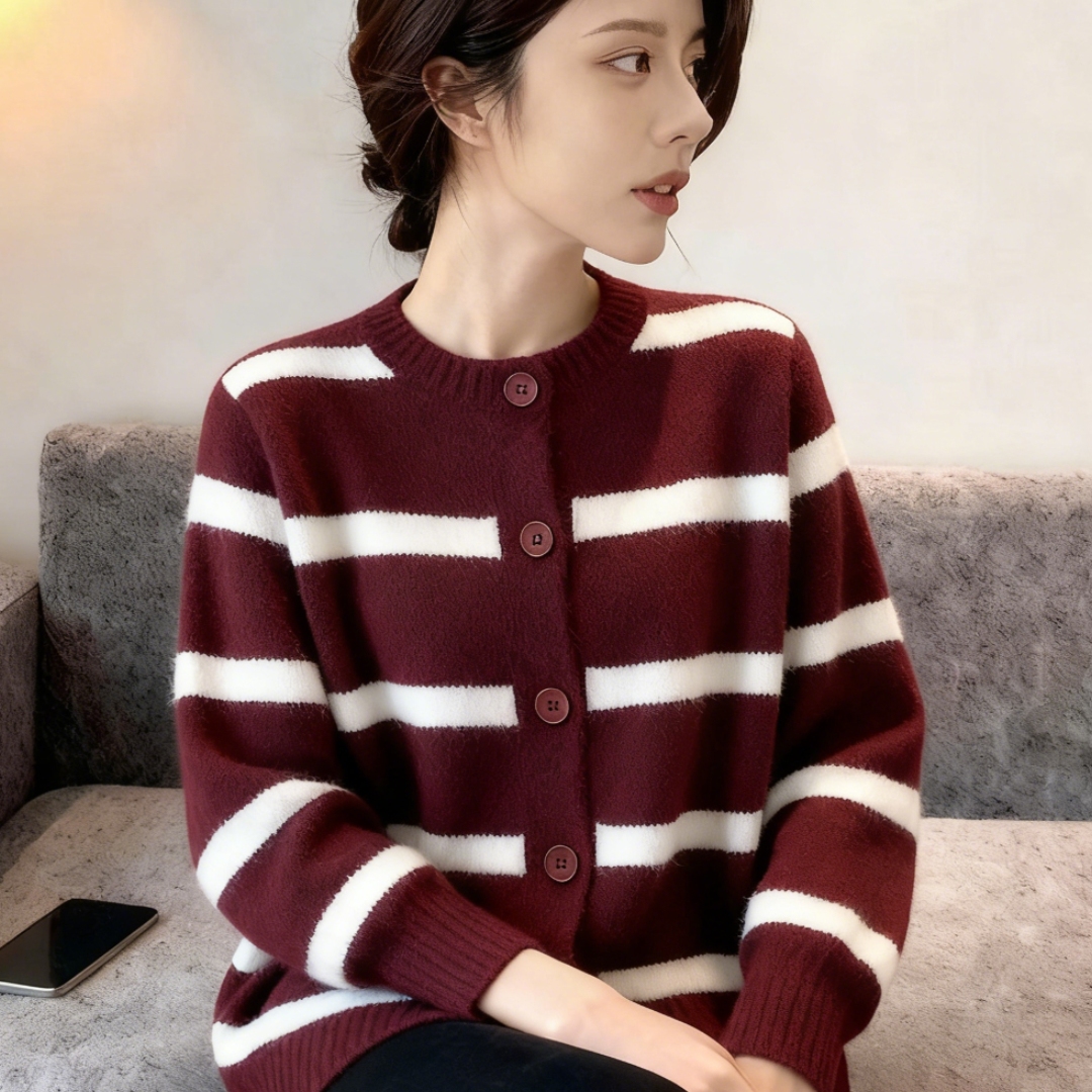 撞色宽松软糯气质针织毛衣外套冬