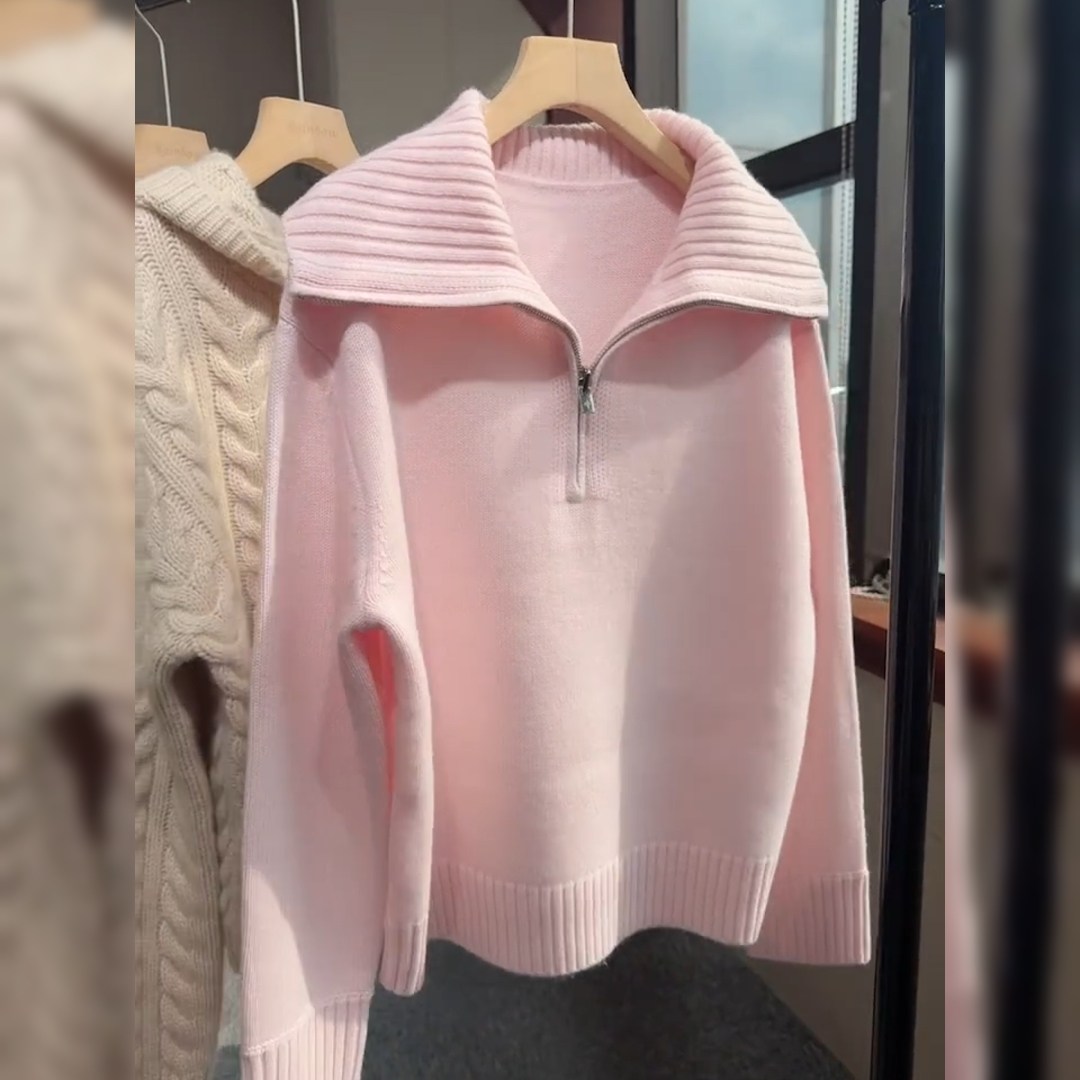 2025秋冬新款极简风休闲半拉链翻领针织衫韩系软糯粉色套头毛衣女,女装/女士精品,大码内搭,淘宝优惠券,粉丝福利购,淘宝优惠卷