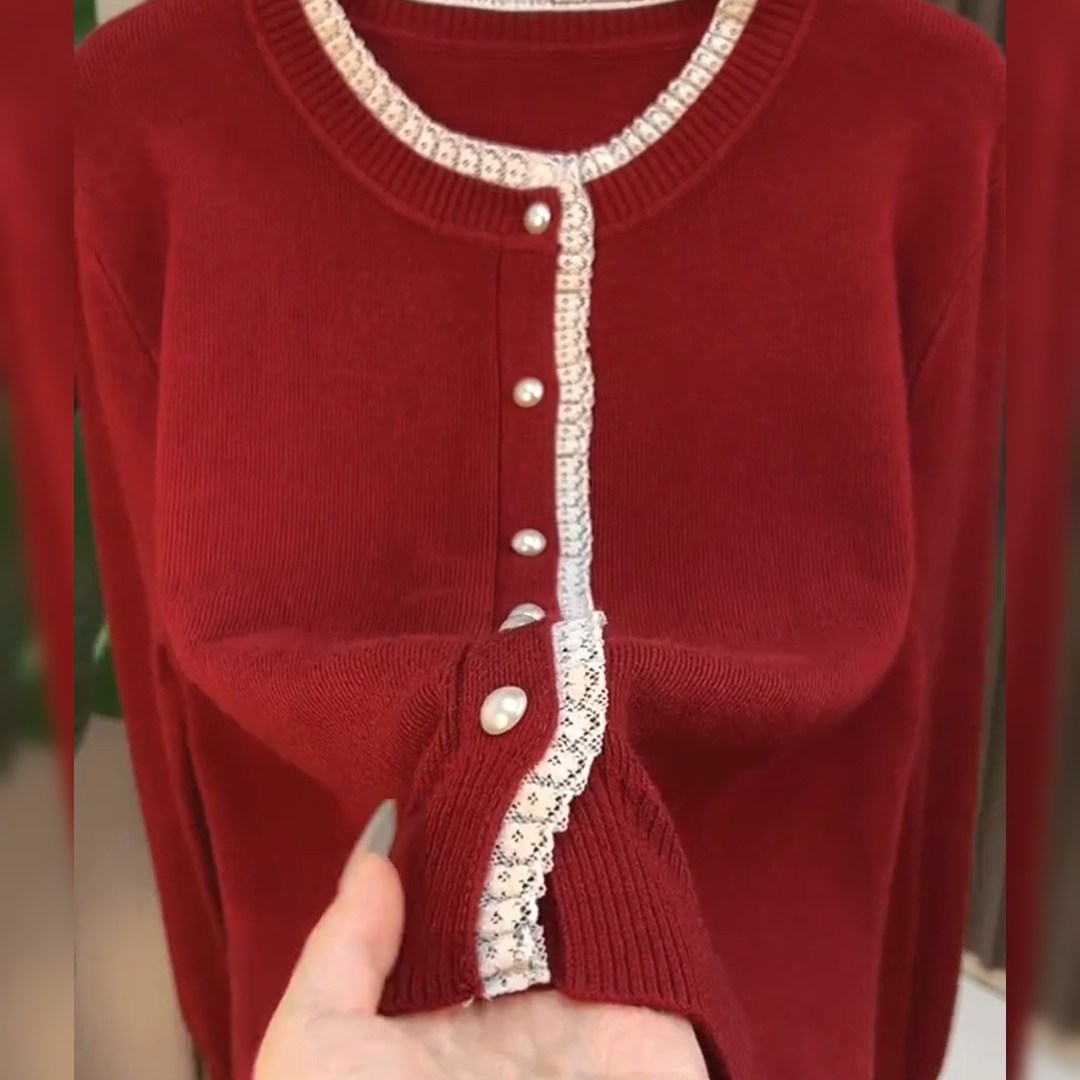 法式蕾丝花边拼接红色针织开衫女秋季新款洋气减龄微胖mm百搭毛衣,女装/女士精品,大码内搭,淘宝优惠券,粉丝福利购,淘宝优惠卷