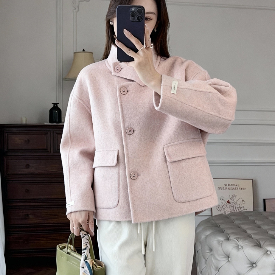 韩系立领短款粉色呢子大衣女潮冬