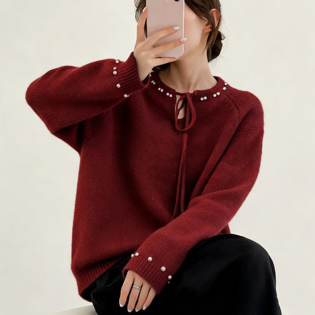 慵懒风复古高级感蝴蝶结系带针织上衣女士气质新年氛围感显瘦毛衣,女装/女士精品,大码内搭,淘宝优惠券,粉丝福利购,淘宝优惠卷