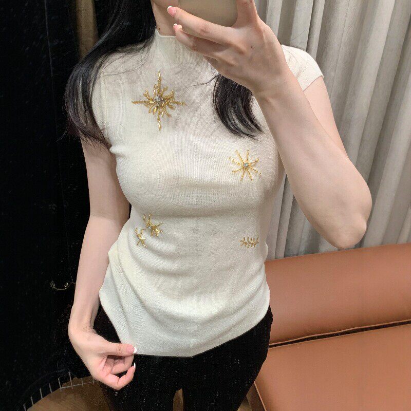 设计感重工钉珠软糯亲肤小飞袖针织衫夏季半高领修身显瘦百搭T恤