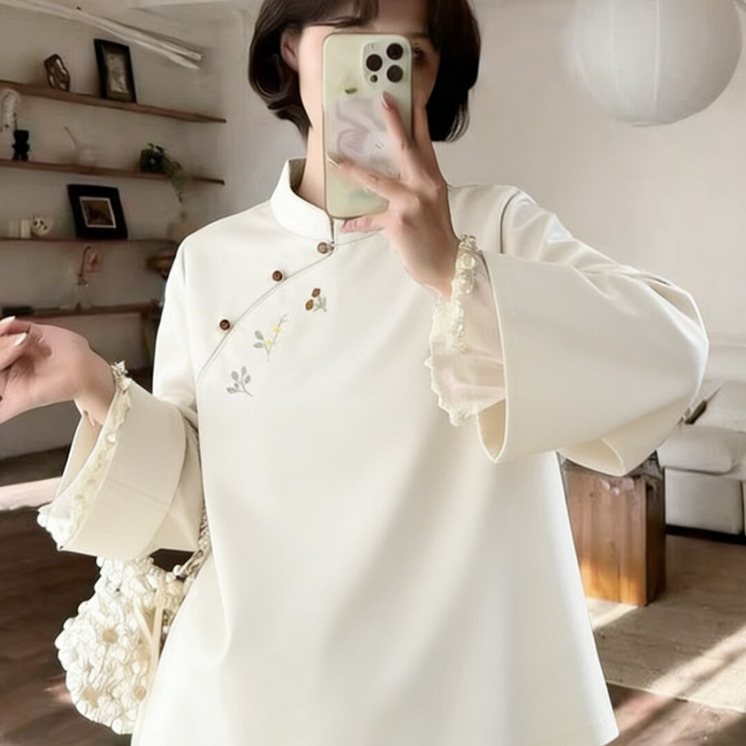 2025新款国风花卉刺绣斜襟衬衫女
