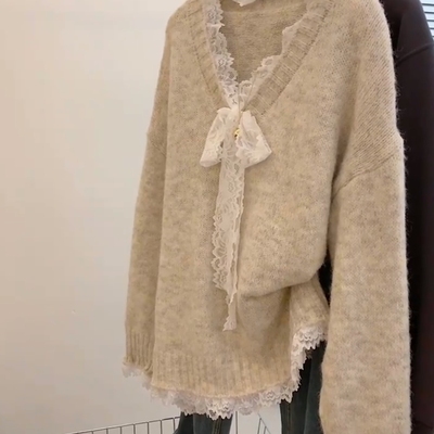 法式慵懒松弛感蕾丝系带针织毛衣
