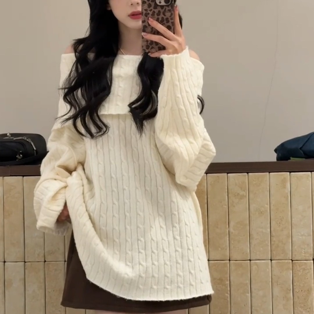 秋冬法式温柔一字肩软糯针织衫女