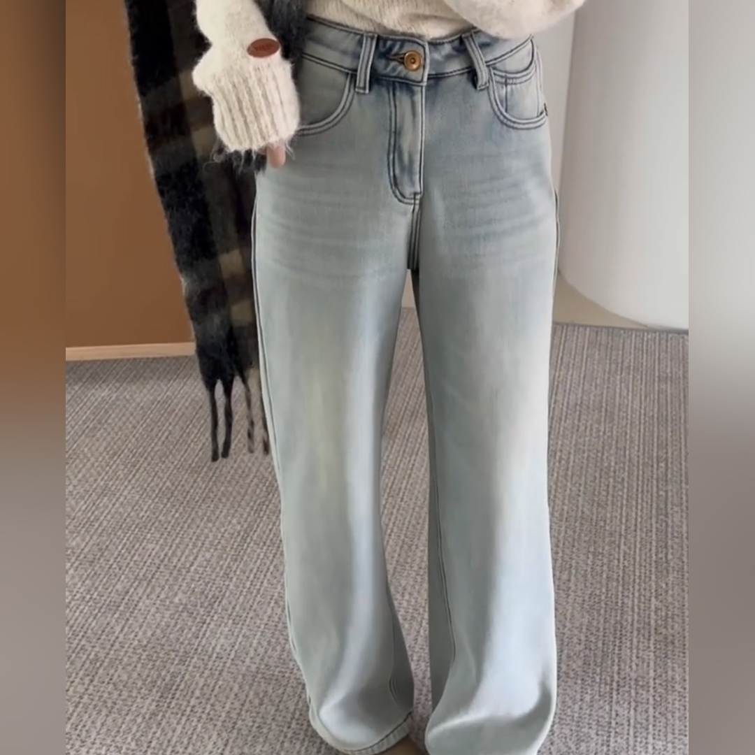 2025新款加厚绒保暖浅色牛仔裤女