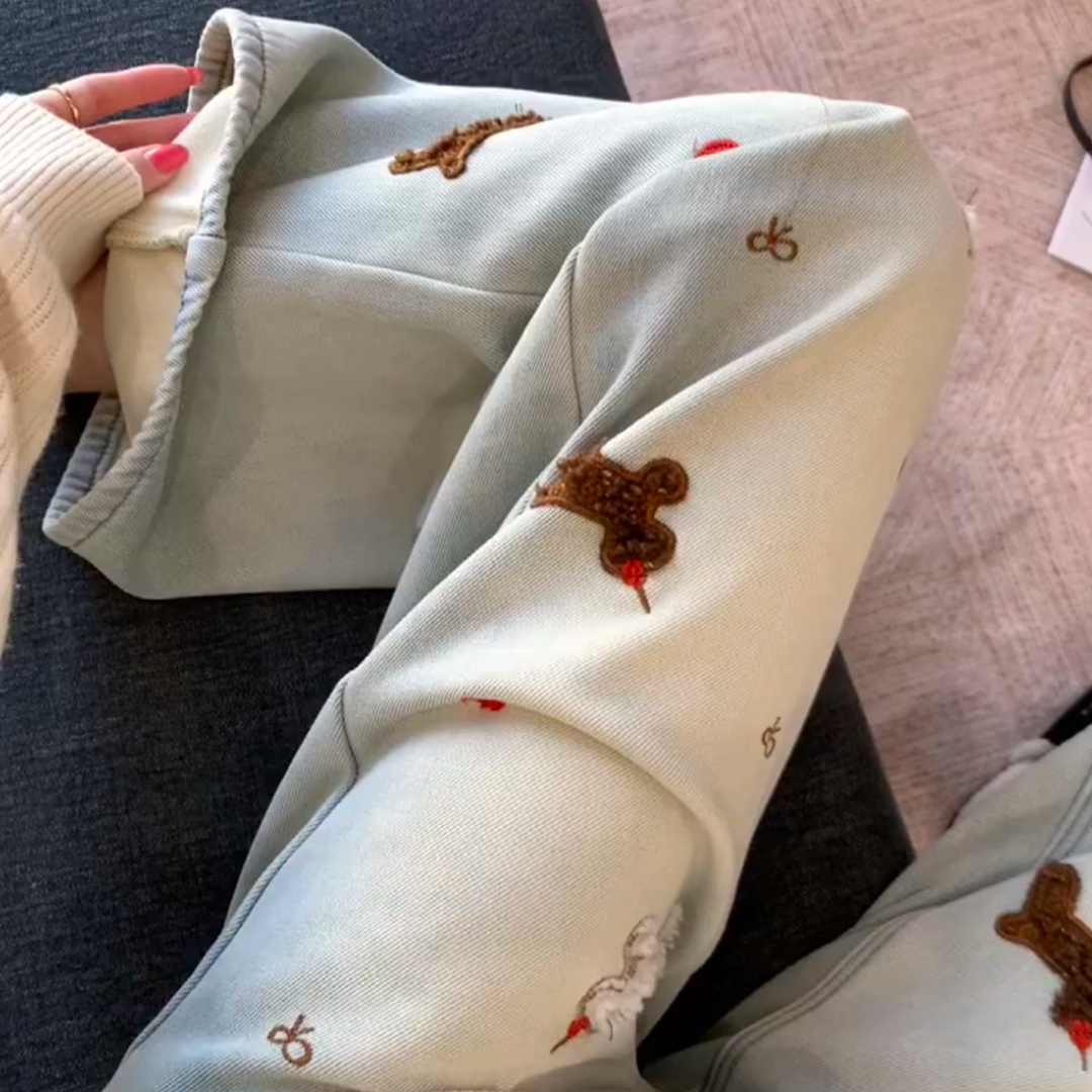 新年氛围感刺绣小狗加绒阔腿裤女