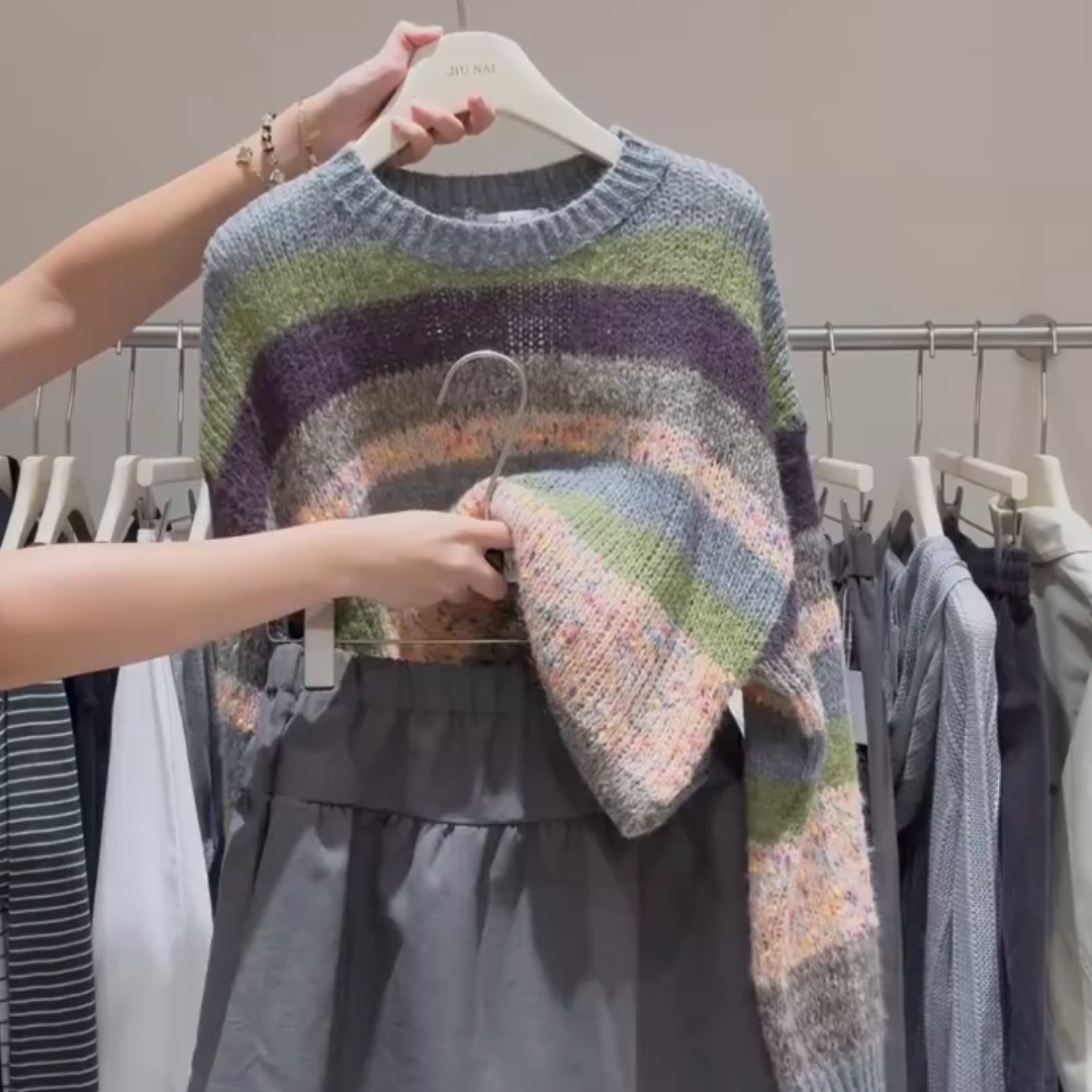 高级感慵懒风彩色条纹针织毛衣女