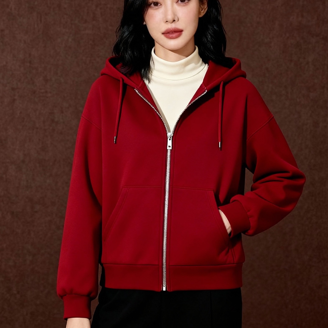 新年氛围感穿搭2025初冬巨好看慵懒风红色宽松拉链连帽卫衣外套女