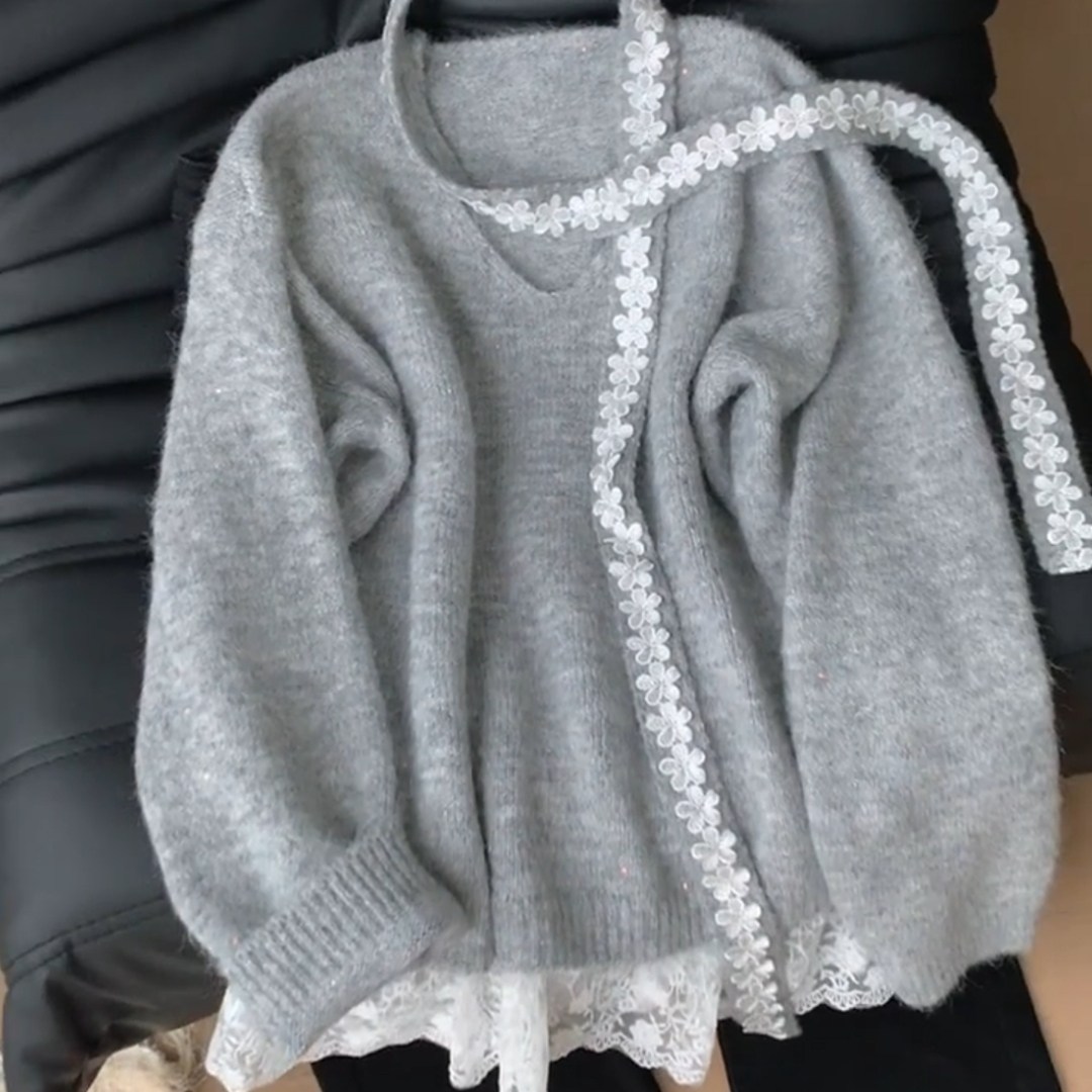法式蕾丝边V领挂脖大码针织衫2025秋冬时尚慵懒风别致软糯毛衣女,女装/女士精品,大码内搭,淘宝优惠券,粉丝福利购,淘宝优惠卷