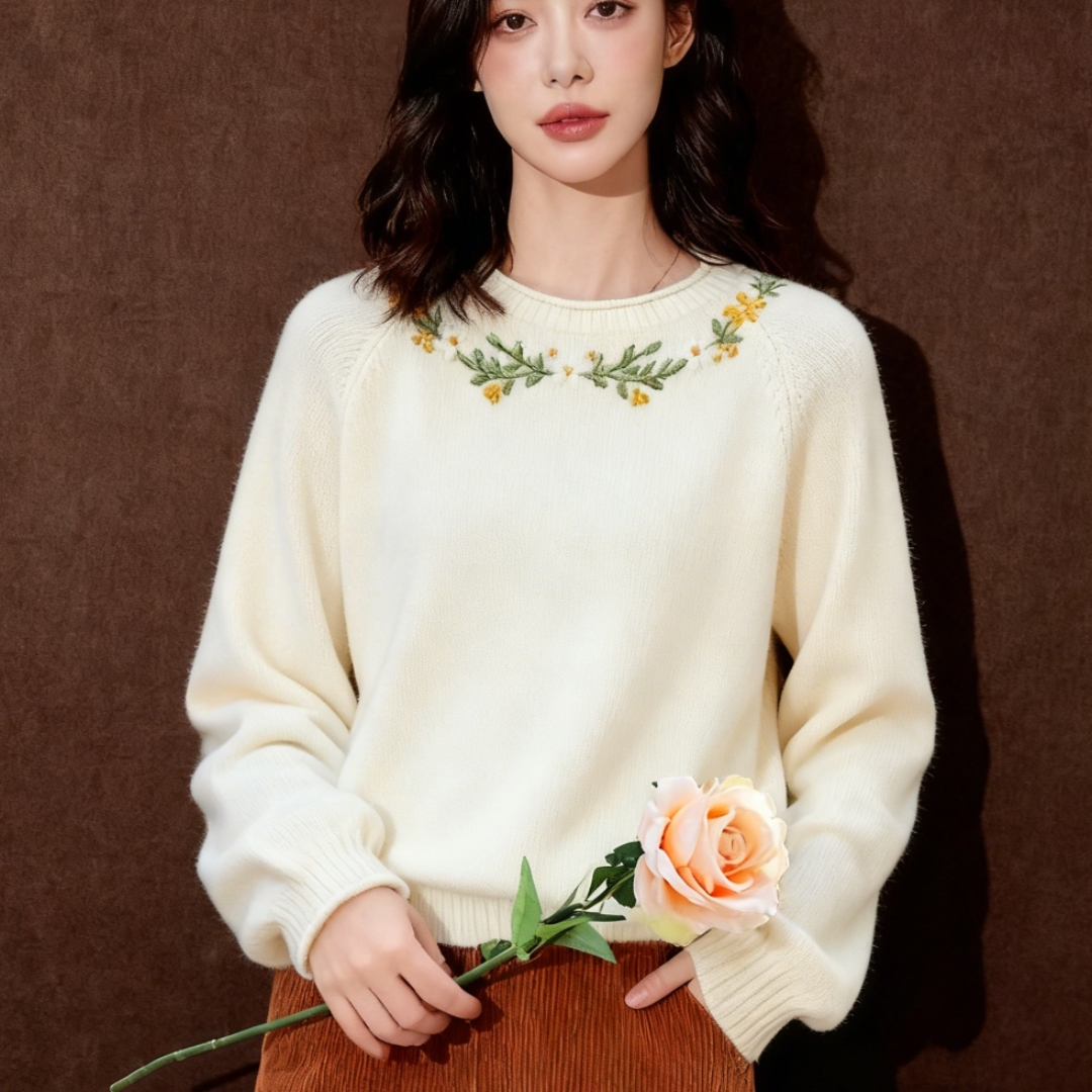 法式高级感文艺复古花朵针织毛衣
