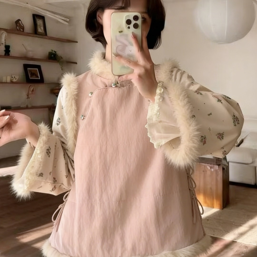 新中式国风气质清冷感复古假两件改良旗袍夹棉粉色显瘦可外穿棉衣,女装/女士精品,大码内搭,淘宝优惠券,粉丝福利购,淘宝优惠卷