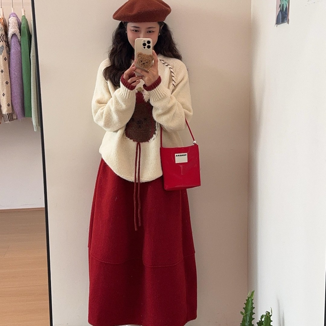 红色毛呢大摆花苞裙女2026春季新款节日氛围感高腰显瘦a字伞裙潮,女装/女士精品,大码内搭,淘宝优惠券,粉丝福利购,淘宝优惠卷