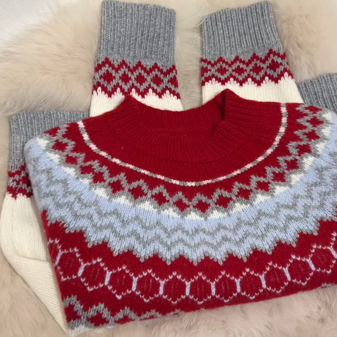 欧货高端独特时髦费尔岛提花保暖毛衣2025冬季慵懒风复古大码上衣,女装/女士精品,大码内搭,淘宝优惠券,粉丝福利购,淘宝优惠卷