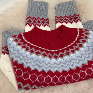 欧货高端独特时髦费尔岛提花保暖毛衣2025冬季 上衣 慵懒风复古大码