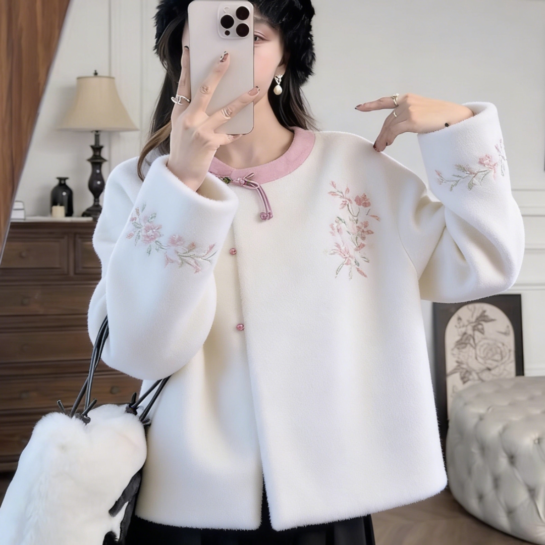 新中式复古绣花仿貂绒毛毛外套女