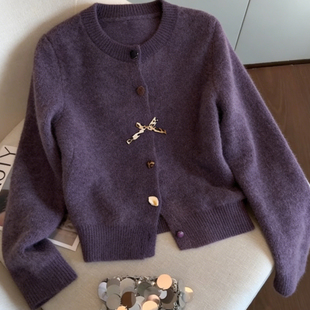 毛衣开衫 洋气时髦小个子独特别致紫色宽松设计感短款 冬季 2025新款