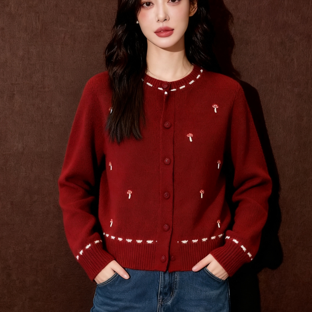 韩系时尚甜美刺绣红色针织开衫冬