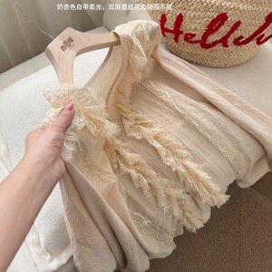 法式老钱风复古温柔度假出片V领蕾丝拼接防晒衬衫通勤显瘦上衣女