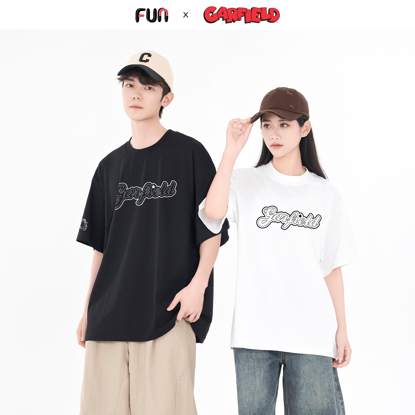 Fun潮牌短袖T恤情侣2025年夏季加菲猫联名刺绣印花休闲圆领上衣男