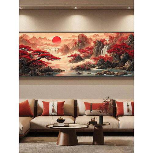 鸿运当头客厅装饰画新中式流水生财茶室挂画山水沙发背景墙面壁画