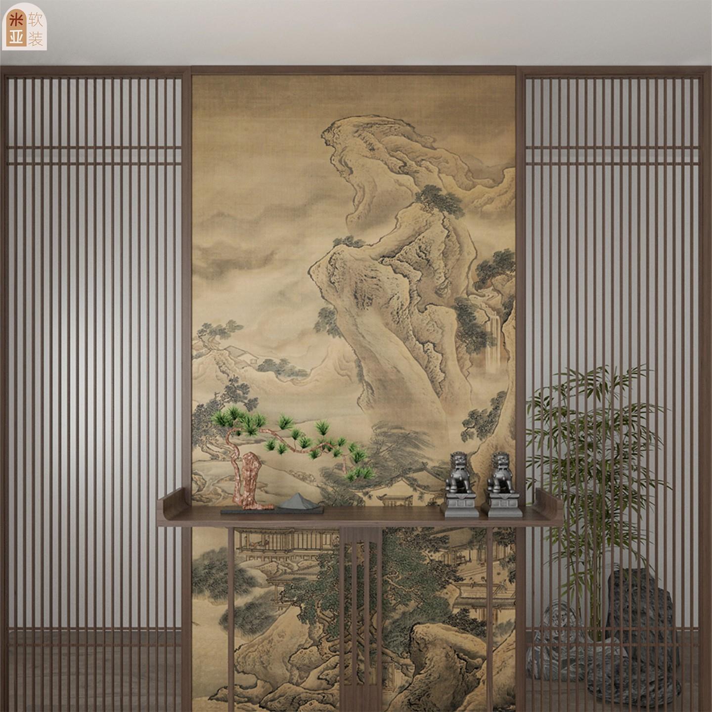 山水画古画玄关墙面装饰贴画茶室中国画背景墙客厅拉门贴纸定制