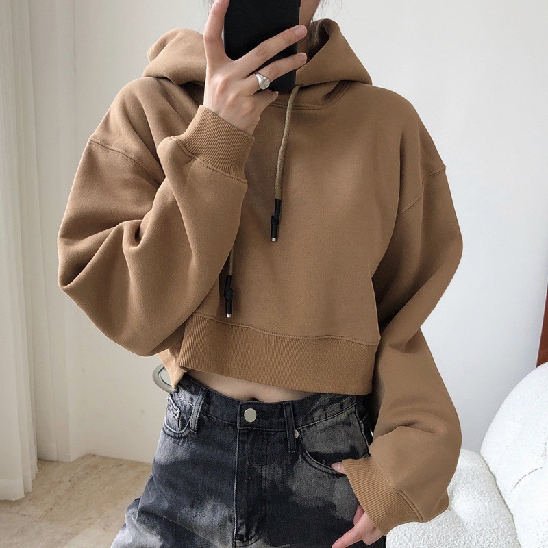 2021女装冬季新款休闲上衣宽松显瘦长袖内搭加绒连帽短款卫衣女