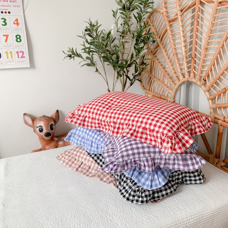 儿童花边纯棉枕头套单人枕头外套荷叶边公主风格子全棉水洗棉枕套