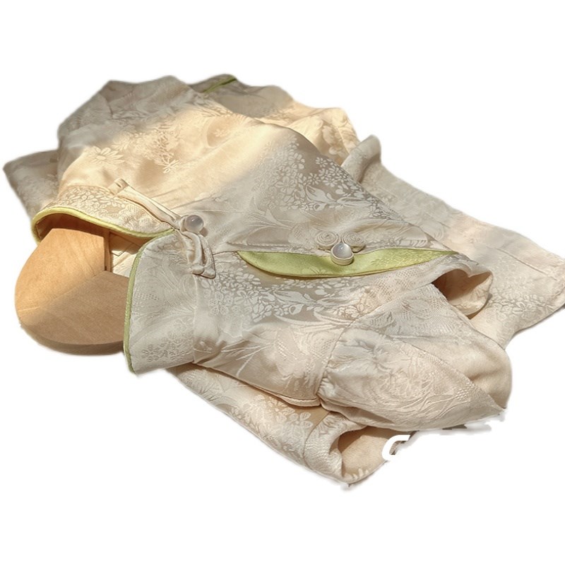 23夏季女童旗袍米色花苞袖拼接新中式连衣裙礼服小女孩洋气裙子