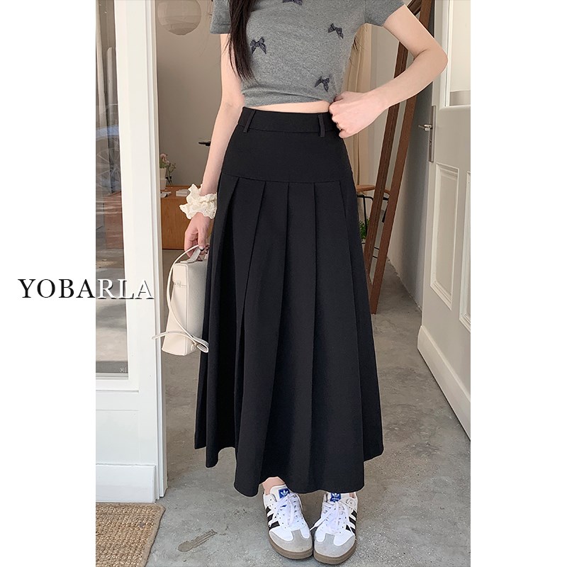 黑色西装百褶半身裙女高腰夏季大码显瘦遮肚子胖mm中长款a字裙子
