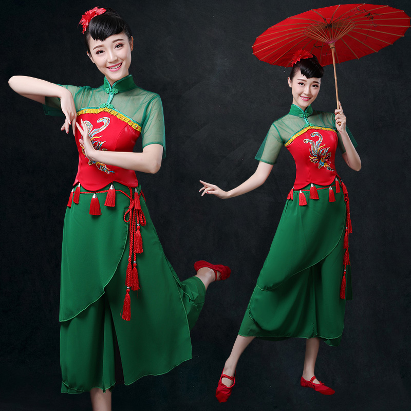 古典舞演出服女伞舞扇子舞腰鼓服开门红喜庆团体秧歌舞表演服套装