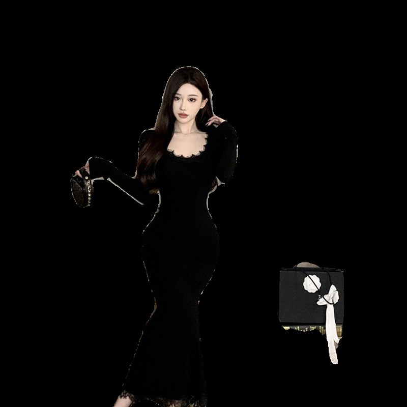 黑色V领蕾丝长袖鱼尾连衣裙女春秋冬季法式收腰修身气质包臀长裙