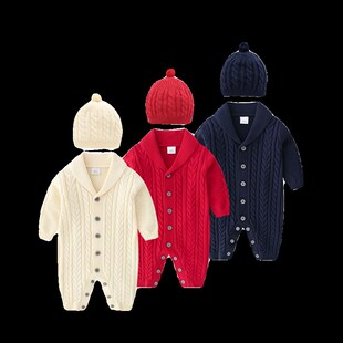 新生婴儿连体毛衣秋冬季男女宝宝针织衫满月周岁外出红色拜年礼服
