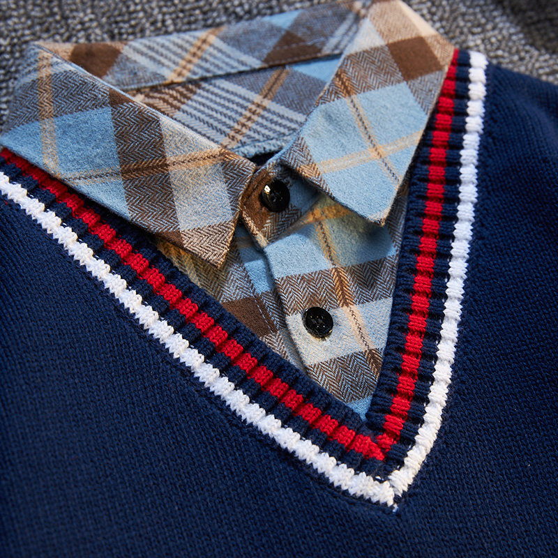 儿童针织衫男童毛衣中大童男孩2022新款秋冬款背心马甲衬衫假两件