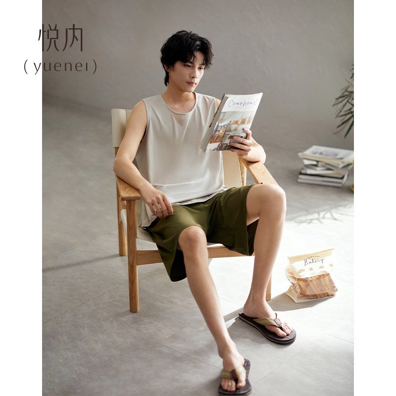 悦内2024新款睡衣男士夏季夏款背心短裤纯棉家居服男款加大码套装