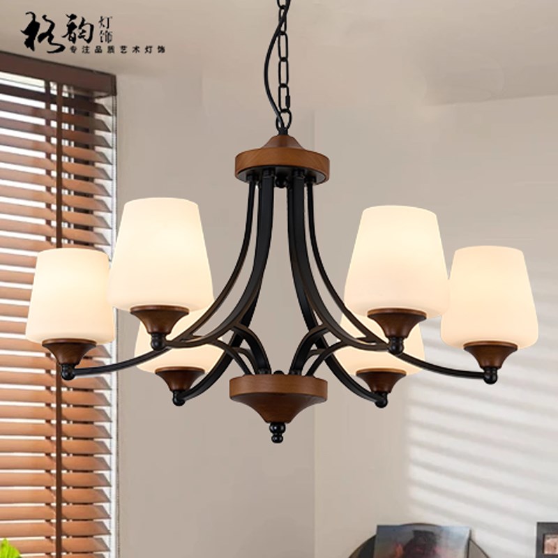美式吊灯客厅餐厅卧室中古风原木灯饰复古风铁艺玻璃胡桃木色灯具