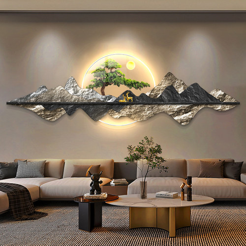 迎客松客厅饰画背靠山大气沙发背景墙挂画灯发光山水壁画