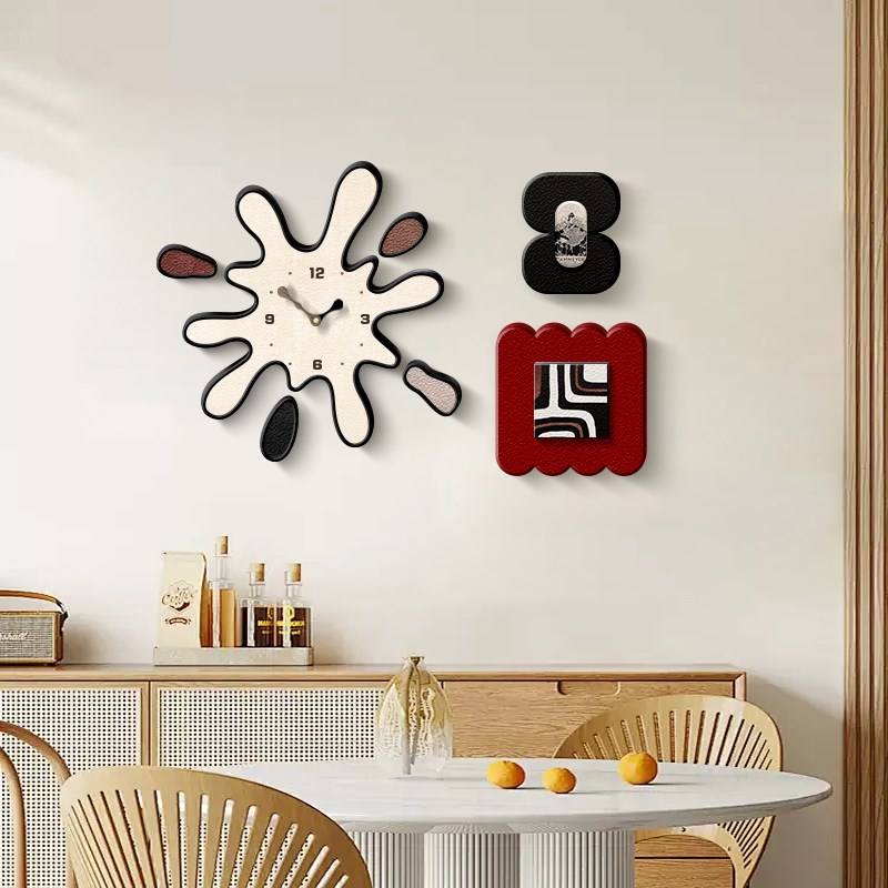 奶油风客厅组合装饰画创意挂钟卡通饭厅带钟表墙壁画餐厅时钟挂画图片