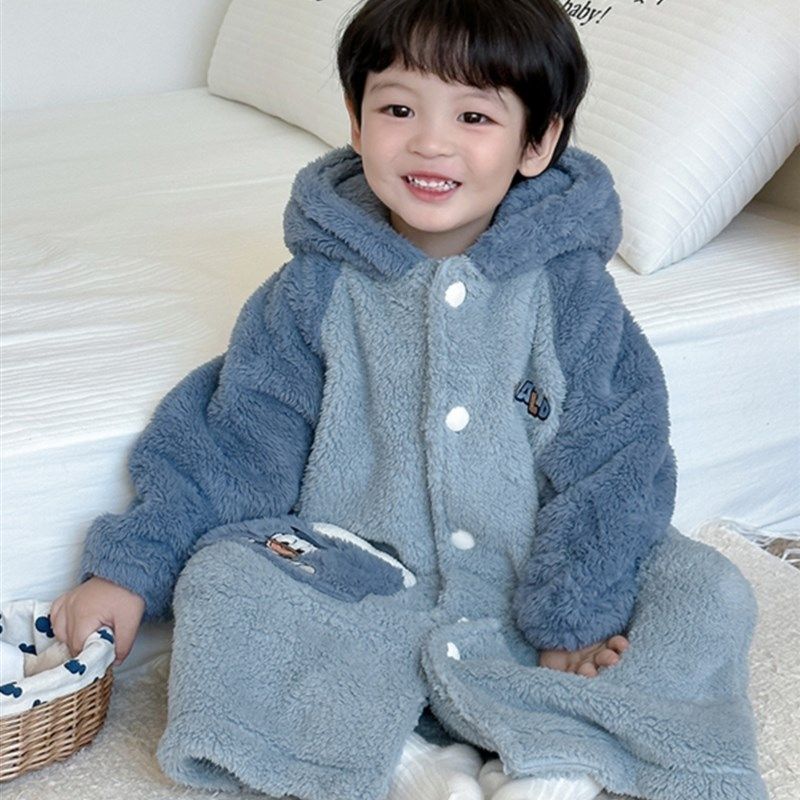 儿童连体睡衣秋冬季男童睡袍法兰绒大童男宝宝浴袍冬天加厚珊瑚绒