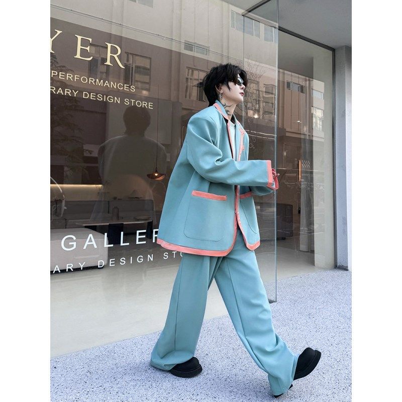 高级感黑白拼接廓形翻领垫肩西服套装男休闲气质阔腿垂感西装长裤,男装,西服套装,淘宝优惠券,粉丝福利购,淘宝优惠卷