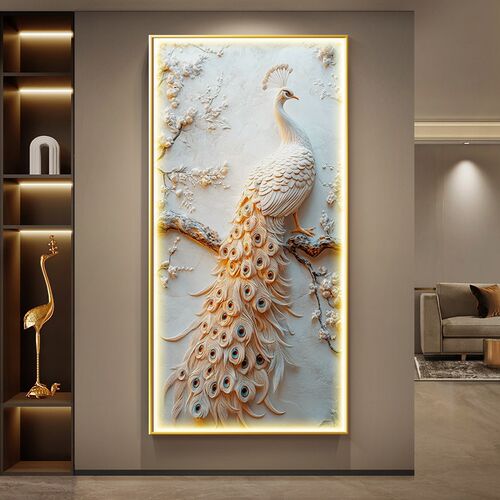 孔雀轻奢玄关装饰画浮雕立体高级感入户进门挂画走廊过道墙壁灯画