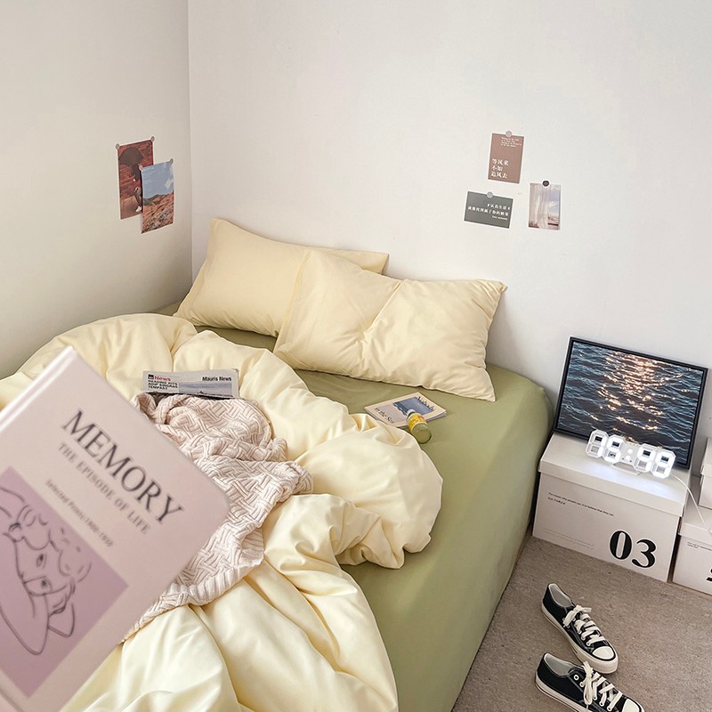 芝士绿/四件套纯棉全棉1.8床上用品磨毛学生宿舍单人三件套床笠款