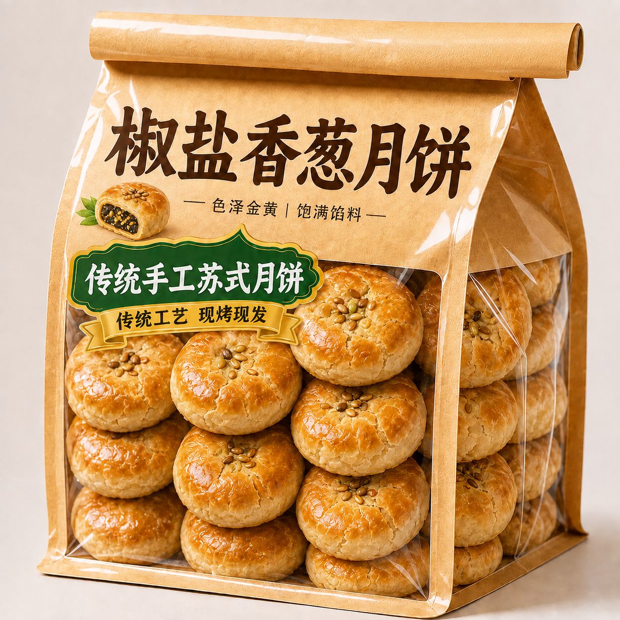 甄选椒盐香葱月饼传统手工苏式月饼袋装现烤现发传统工艺酥皮糕点