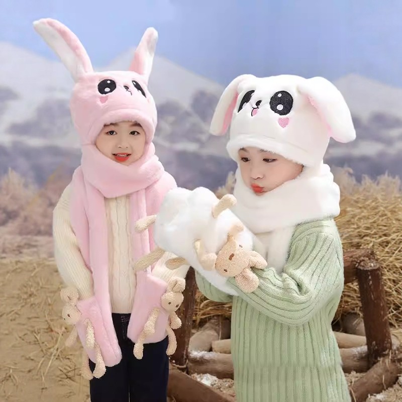 儿童帽子女冬季围巾围脖一体女童宝宝可爱兔子耳朵会动的毛绒帽潮,居家日用,头部防护用品,淘宝优惠券,粉丝福利购,淘宝优惠卷