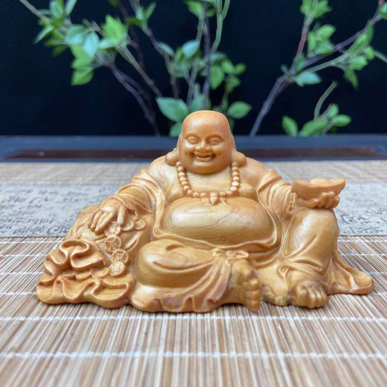崖柏木雕元宝弥勒佛像车载摆件家居客厅电视柜招财笑佛神像工艺品