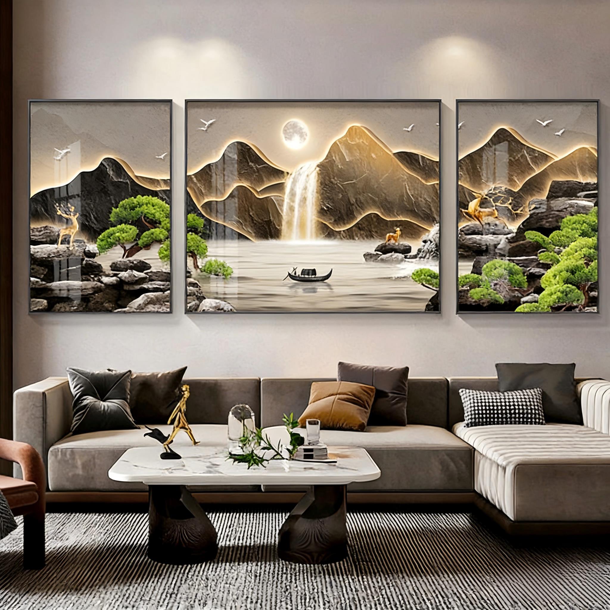 高档轻奢客厅装饰画沙发背景挂画中式三联画山水画大气高级感壁画
