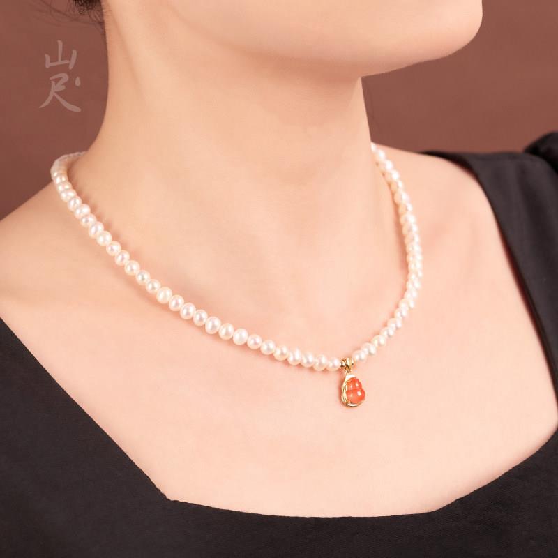 妈妈珍珠项炼南红葫芦吊坠天然串珠淡水颈炼送婆婆长辈女生日礼物