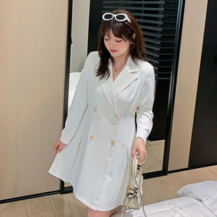 西装 新款 220斤胖mm大码 御姐风双排扣压褶显瘦A字裙 连衣裙2023秋季